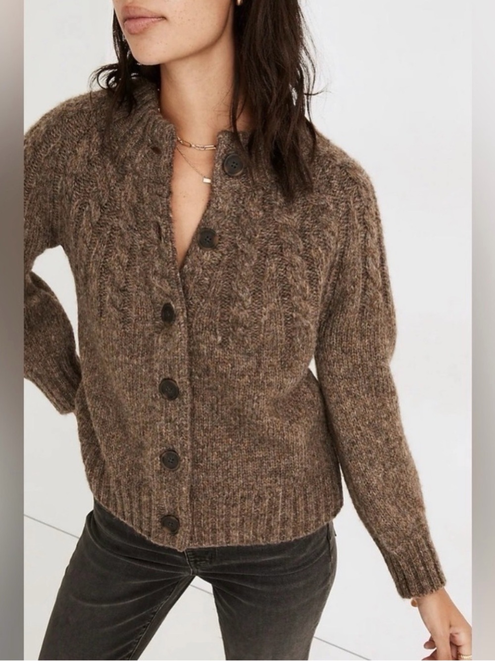 Madewell Brown Wool Blend Harwood Cable Knit Mock Neck Cardigan XXS - Picture 2 of 5